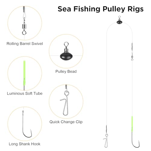 DONQL 5pcs Sea Fishing Rigs, Pre Tie Flapper Pulley Rigs Single Hooks, Deep Drop Snapper Rig for Beach Casting Shore Fishing Flounder Halibut Whiting Striped, 3 Size Available1/0, 2/0, 3/0