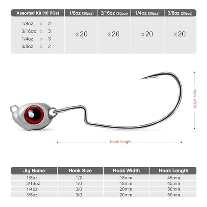OJY&DOIIIY Fish Eye Swimbait Jig Heads, 12/20 Pack Weighted Hooks for Texas Rig or Ned Rig Fishing 1/8 3/16 1/4 3/8 oz - style: 1/4oz, 3/0, 20 Pack