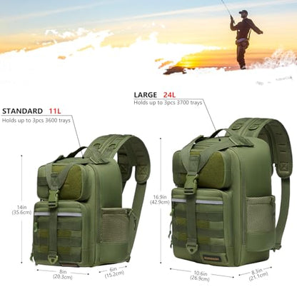 BASSDASH Convertible Fishing Backpack Sling Bag with Rod Holder, Adjustable Tactical Water-Resistant Tackle Storage Pack FP07 - color: Army Green, size: Large