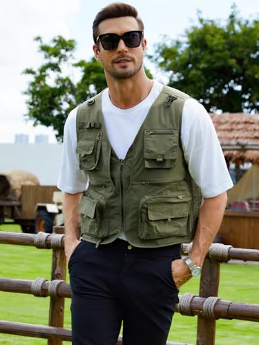 Gihuo Mens Fishing Vest Lightweight Utility Vests Cargo Outdoor Safari Travel Vest with Pockets - color: Army, size: Small