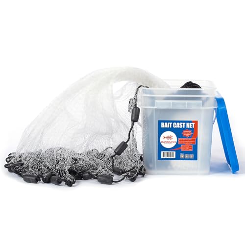 BASSDASH American Saltwater Fishing Cast Net 3/8 1/4-Inch Mesh 4ft 6ft 8ft Radius, 1-Pound Per Foot, for Bait Fish with Utility Bucket Casting - size: 10 Ft, style: 3/8 Mesh