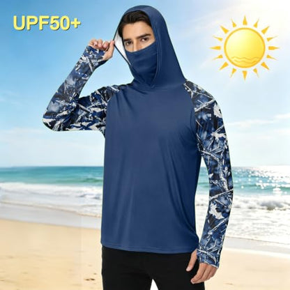 Men's UPF 50+ UV Protection Fishing Shirt with Face Mask Long Sleeve Quick Dry Breathable Sun Hoodie for Beach - color: A Dark Blue, size: 3X-Large