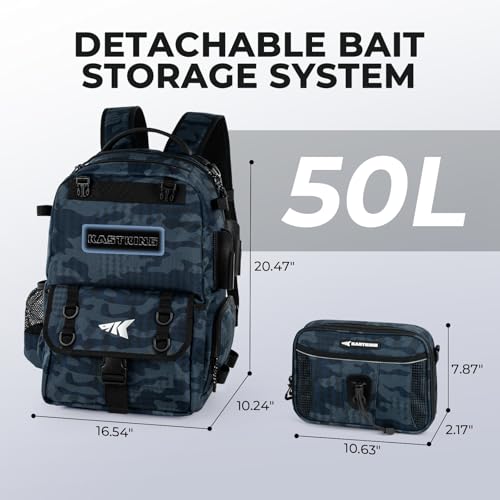 KastKing BaitSpace Fishing Tackle Backpack with Removable Bait Binder,2 Rod Holders Storage Fishing Gear and Equipment - color: G: Blue Camo（without Tackle Box）