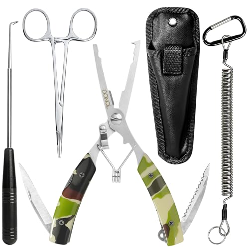 DONQL 4pcs 6in Fishing Pliers Tools Kit, Fishing Pliers Hook Remover, Fishing Scissors Line Cutter, Saltwater Resistant Fishing Gear with Lanyard, Multifunctional Fishing Hook Remover Gifts - color: Camouflage