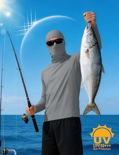 Roadbox Men's UPF 50+ Sun Shirt Long Sleeve Fishing Hoodie, UV Protection Hooded Rash Guard with Mask for Hiking Running - color: Light Gray, size: 3X-Large