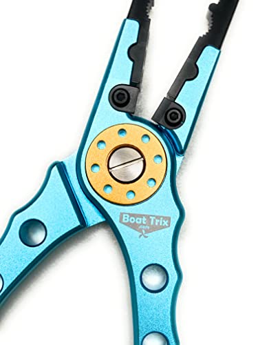 Fishing Pliers and Holster Case with Lanyard, Corrosion Resistant, Hook remover, Crimper, Aircraft Aluminum, 8 Inch Needle Nose, Stainless Steel Line Cutter, Braid Cutter, Blue, Boat Trix Branded