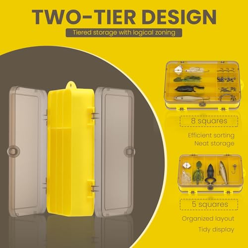 Fishing Tackle Storage Box, Double Sided Waterproof Fishing Lure Tackle Box with 13 Compartments, Yellow and Gray Lid Fishing Lure Organizer for Outdoor Angler