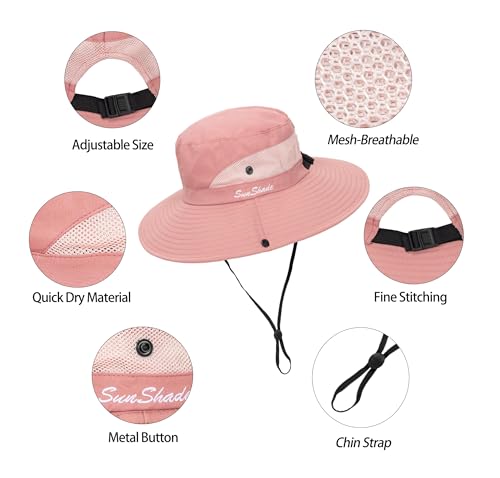 Sun Hat for Women Summer UV Protection Beach Hat Wide Brim Mesh Bucket Fishing Hat with Ponytail Hole Foldable Packable Hat - color: Pure Pink(with Ponytail Hole)