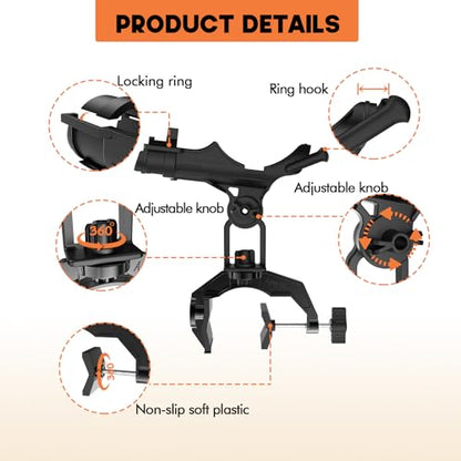 Aluminum Boat Fishing Rod Holder with V-Clamp Mount | 360-degree rotation, V-shaped clamp for round or square rails. Universal open cradle for spinning, casting and fly reels.