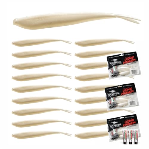 Liquid Mayhem Devils Split 4” – Soft Plastic Lures for Bass & Walleye with Fast Darting Action – Includes Bonus 10ml Attractant – 6 Baits Each Pack - size: 4" Kit - 3 Pack, style: Pearl