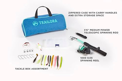 Fishing Kit with Rod, Pre-Spooled Reel, Tackle, Hooks, Zip Carry Case - Camping/Hiking/Kayaking/Boat/RV/Car/Cabin/Cottage