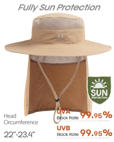 FURTALK Sun Hats for Men Women Fishing Hat with Neck Flap UPF 80+ Breathable Wide Brim Hiking Safari Summer Bucket Hats - color: Khaki