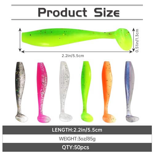 MAFIMOEA 50 Pcs Soft Fishing Lures Plastic Paddle Tail Swim Baits Kit for Bass Trout Walleye Crappie 5 Mixed Colors Fishing Soft Plastic Lure Kit 5.5CM - color: Blue