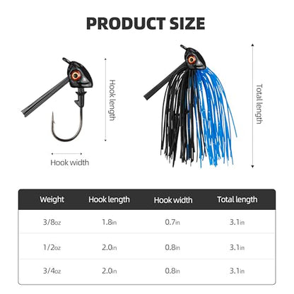 Weedless Swim Jigs 5-Pack, Bass Rubber Jigs with Silicone Skirts & 3D Eyes – Weed Guard Fishing Lures for Freshwater & Saltwater Bass, Trout, Crappie - size: 1/2oz