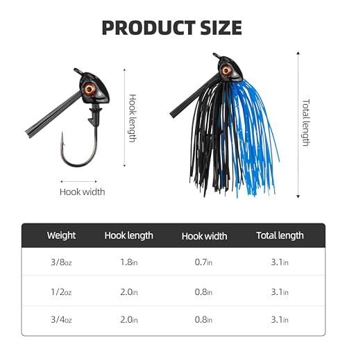 Weedless Swim Jigs 5-Pack, Bass Rubber Jigs with Silicone Skirts & 3D Eyes – Weed Guard Fishing Lures for Freshwater & Saltwater Bass, Trout, Crappie - size: 3/8oz