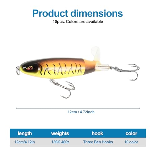 Whopper Fishing Lure for Bass：Popper Top Water Fishing Lures with Floating Rotating Tail Barb Treble Hooks Saltwater Freshwater Plopping Lures Kit - color: 6pcs
