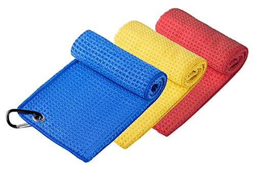 Handy Picks Microfiber Golf Towel (16" X 16") with Carabiner Clip, Waffle Pattern Golf Towel Hook and Loop Fastener - The Convenient Golf Cleaning Towel - color: Red/Blue/Yellow