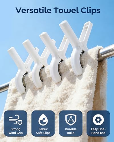 10 Pack Beach Towel Clips Heavy Duty Large Beach Essentials Chair Pool Clip | White Clips with Strong Grip, Silicone Protection, Rust Resistant Spring, Multi-Use for Beach, Boat, Cruise & Outdoors - color: White