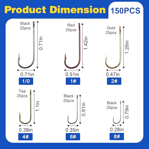 150pcs Crappie Panfish Hooks Aberdeen Fishing Hooks Kit Assorted Long Shank Aberdeen Hooks High Carbon Steel Light Wire Fish Hook for Bass Catfish Trout Freshwater Fishing