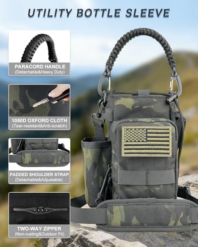 COOLYARD Water Bottle Holder with Strap Crossbody Sling Carrier Bag with Phone Pocket Molle Tactical Pouch for Walking Hiking Camping Gym Travel - color: Black Camo