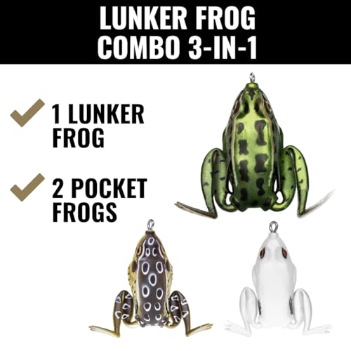 Lunkerhunt Topwater Frog Lures Fishing Lures Kit (3-Pack) | Most Realistic Frog Soft Swimbaits with Weedless Hooks for Freshwater | Combat, Popping Frog for Bass Trout Pike Snakehead Bluegill