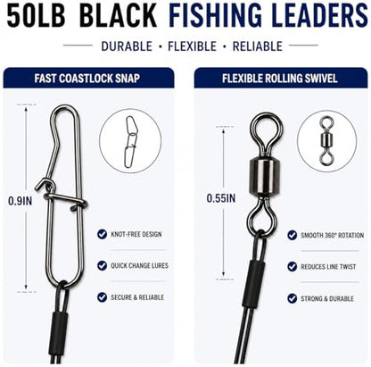 Stainless Steel Fishing Wire Leaders, Black Coated & Uncoated Options, Heavy Strength 31–100LB, 6–21in Multi Sizes with Rolling Swivels Snaps for Salt Fresh Water Shark Pike Barracuda - color: 40pcs-11.81in(70LB)