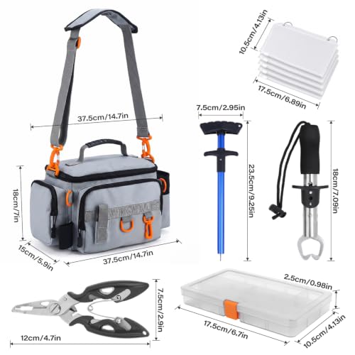 Fishing Tackle Bags with Tackle Box,Waterproof,Padded Shoulder Strap,Gear Storage,Fish Bag with 136 Pcs Fishing Lures Kit,Fish Hook Remover Tool,Fish Lip Gripper,Fishing Plier,Gifts for Men (Gray) - color: Gray