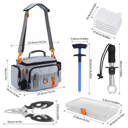 Fishing Tackle Bags with Tackle Box,Waterproof,Padded Shoulder Strap,Gear Storage,Fish Bag with 136 Pcs Fishing Lures Kit,Fish Hook Remover Tool,Fish Lip Gripper,Fishing Plier,Gifts for Men (Gray) - color: Gray