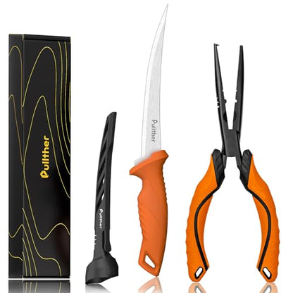 2PC Fishing Tool Kit - 7" Fillet Knife,Fishing Pliers,Multitool Hook Remover Fishing Pliers,Fishing Gear for Saltwater - color: 9.4"Fishing Pliers Orange