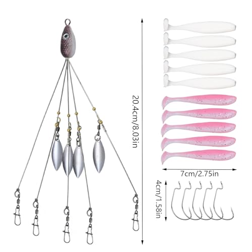 Dnyta 5 Arms Umbrella Rig Kit Umbrella‑Style Alabama Rig Kit, Stylish | Multi‑Arm Fishing Bait Rigs Crank Hook and Soft Bait for Trout Perch Walleye Freshwater/Saltwater Boat Trolling - color: Stylish