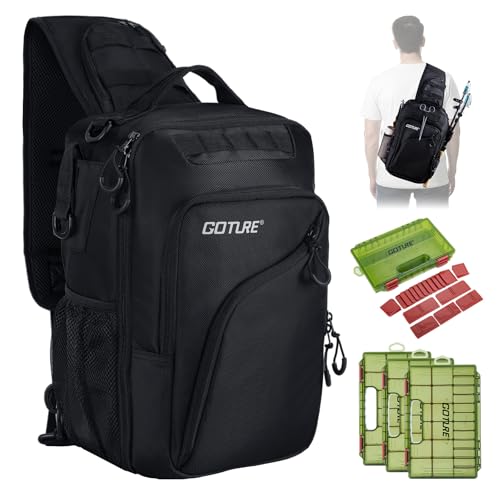 Goture Black Fishing Bag with Tackle Boxes, Crossbody Sling Tackle Backpack for Men, 20L Large Capacity Fits 3600 Trays, Durable Fishing Gear Storage, Best Fishing Gifts for Anglers - color: Black, style: 1680d Double-strand Pu Backpack + (3)3600 Trays