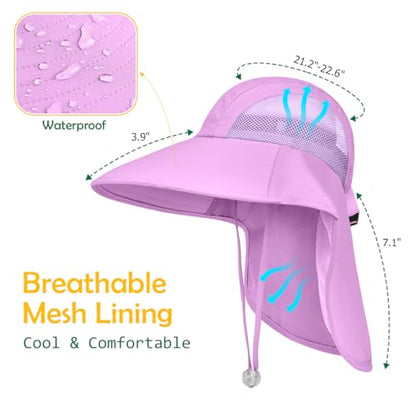 Kids Sun Hat UPF50+ Summer Beach Play Sun Protection Hats with Neck Flap for Ages 5~14 Girls Boys - color: Purple