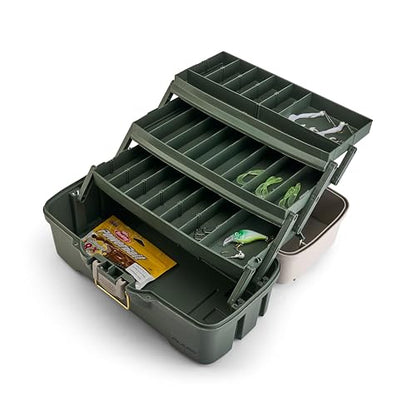 Plano Three-Tray Tackle Box Bass Kit, Tan/Green, Rust-Proof Brass Latch, Top-Access Tray Compartments with Deep Storage, Made in the USA, Portable Fishing Gear Storage Organizer - style: Bass