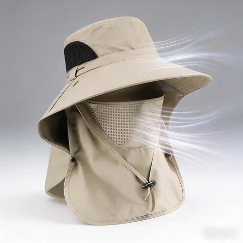 Sun Hat for Men and Women, UPF 50+ UV Protection, Wide Brim Breathable, Fish Hat with Neck Flap and Breathable Face Mask - color: Khaki