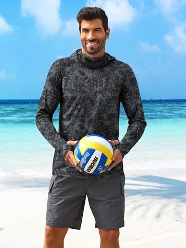 PINSPARK Men's Sun Protection Hoodie with Mask UPF 50+ UV Long Sleeve Shirt Men Rash Guard Performance Fishing Hiking Shirt - color: Black Camouflage, size: Medium
