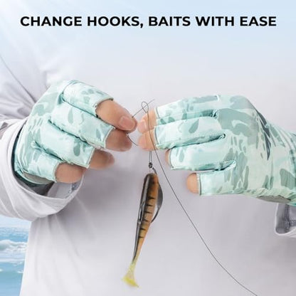 KastKing Agies Fishing Gloves Men, UPF 50+ Sun Gloves UV Protection, Cooling Quick-Dry 3/4 Fingerless Gloves with Extended Cuff, Microfiber Palm & Pull Tabs, for Fishing, Kayaking, Hiking, Hunting - color: X Camo-Pale Blue, size: Small-Medium