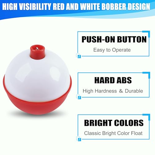 AGOOL Fishing Bobbers Set Snap Hard ABS on Red/White Fishing Floats Bobbers Push Button Round Buoy Floats Tackle Accessories Size: 0.5/0.75/1/1.25/1.5/1.75/2/2.5 Inch - size: 2.0 inch_pack of 20