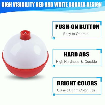 AGOOL Fishing Bobbers Set Snap Hard ABS on Red/White Fishing Floats Bobbers Push Button Round Buoy Floats Tackle Accessories Size: 0.5/0.75/1/1.25/1.5/1.75/2/2.5 Inch - size: 1.5 inch_pack of 10