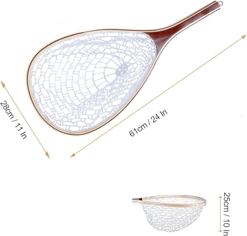 Wooden Frame Fly Fishing Net with Soft Rubber Mesh,Low-Weight Landing Net for Trout & Bass,Catch-and-Release Design for Stream and River Fly Fishing