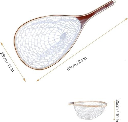 Wooden Frame Fly Fishing Net with Soft Rubber Mesh,Low-Weight Landing Net for Trout & Bass,Catch-and-Release Design for Stream and River Fly Fishing