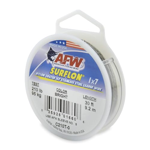 American Fishing Wire Surflon Nylon Coated 1x7 Stainless Steel Wire Leader - Wire Fishing Leader Line for Saltwater 10lb Up To 250lb Test in Bright, Black, Camo in 30ft, 100ft, 300ft, & 1000ft Lengths - color: Bright, style: 30 Feet, 210 Pound Test
