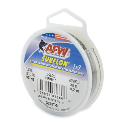American Fishing Wire Surflon Nylon Coated 1x7 Stainless Steel Wire Leader - Wire Fishing Leader Line for Saltwater 10lb Up To 250lb Test in Bright, Black, Camo in 30ft, 100ft, 300ft, & 1000ft Lengths - color: Bright, style: 30 Feet, 210 Pound Test