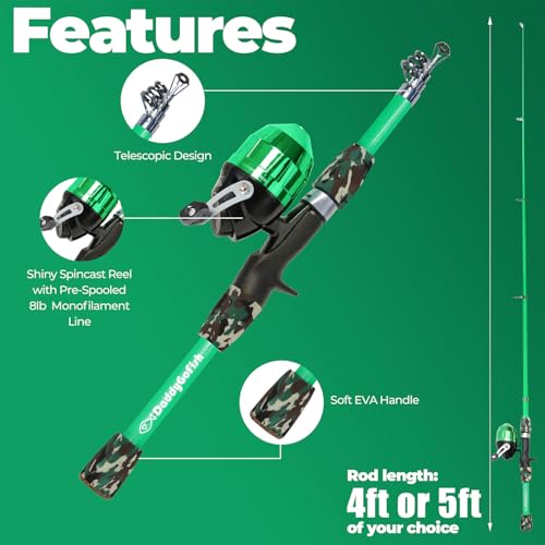 DaddyGoFish Kids Fishing Pole - Rod Reel Combo Tackle Box Starter Set - First Year Small Gear Kit for Boys Girls Toddler Youth Age Beginner Little Children - color: Green (Essential Set), size: 5ft