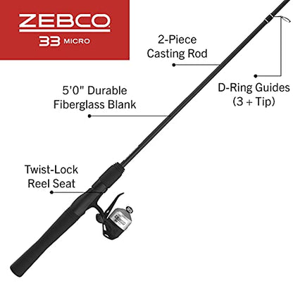 Zebco 33 Micro Spincast Reel and 2-Piece Fishing Rod Combo, 4.5-Foot Rod with Bonus Tackle Pack, QuickSet Anti-Reverse Fishing Reel with Bite Alert