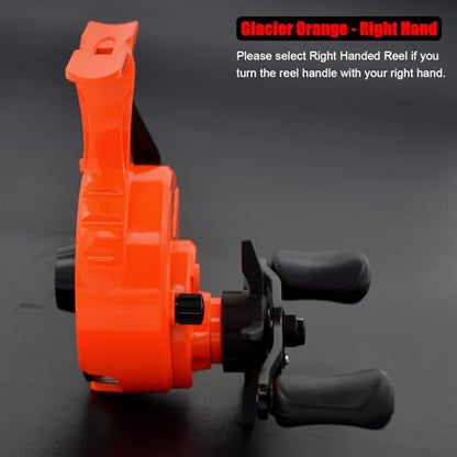 Inline Ice Fishing Reel, Lightweight Graphite Body and Spool, Instant Anti-Reverse, 2.5:1 Gear Ratio, Sensitive Trigger System for One-Handed Operation, Hardwater Fishing for Beginners - color: Glacier Orange - Right Hand