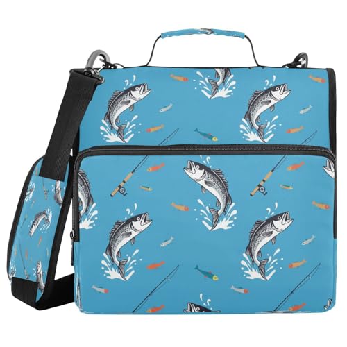 Fish Blue Lure Bass Funny 3 Ring Zipper Binder with Strap 1.5 inch 500 Sheet Capacity File Folder Storage Organizer