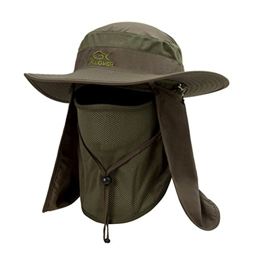 YR.Lover Outdoor UV Sun Protection Wide Brim Fishing Cap with Removable Flap - color: Army Green