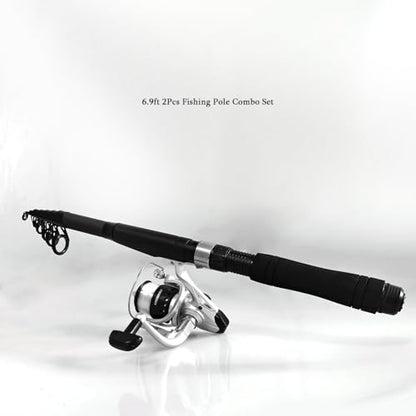 2 Pack Telescopic Fishing Rod and Reel Combo, 2PCS 6.9ft/2.1m Collapsible Fishing Pole, 2PCS Spinning Reel Complete Fishing Kit with Lures Hooks Pliers for Freshwater Travel Beginners - color: Black