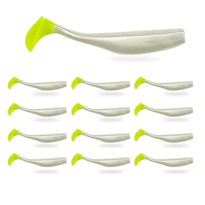 Soft Plastic Paddle Tail Swimbaits – 3 1/4", 4" & 5" Soft Plastic Fishing Lures with Extra-Large Tail for Lifelike Swimming Action – Freshwater & Saltwater - color: Pearl White with Electric Green Tail, size: 3 1/4 Inch - 12 Pack
