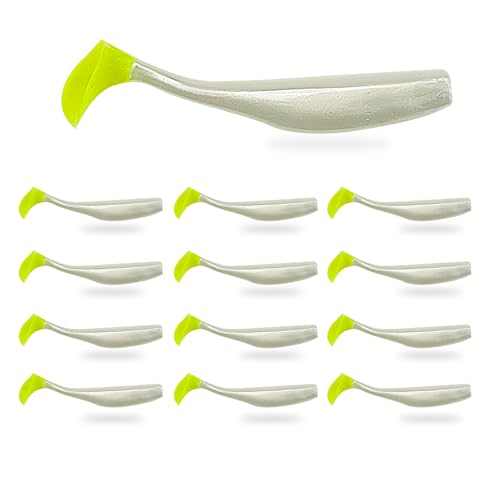 Soft Plastic Paddle Tail Swimbaits – 3 1/4", 4" & 5" Soft Plastic Fishing Lures with Extra-Large Tail for Lifelike Swimming Action – Freshwater & Saltwater - color: Pearl White with Electric Green Tail, size: 4 Inch - 12 Pack